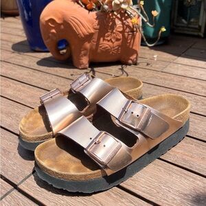 Birkenstock Arizona Metallic Rose Gold Double Buckle Sandals